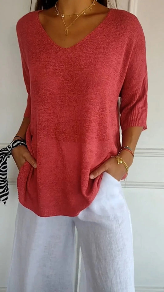 Top de punto con cuello en V AuraLuxe