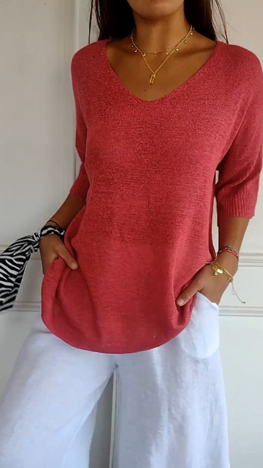 Top de punto con cuello en V AuraLuxe